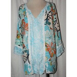 Women's Cappagallo Multicolor Floral w/ Embroidered Trim Boho Top Size L